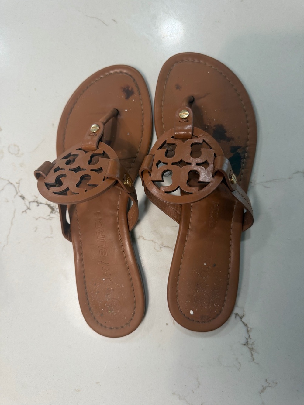 Tory Burch Tan Miller Logo Leather  Sandals